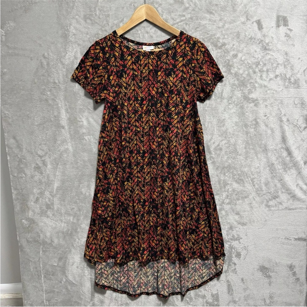 Lularoe Womens XS Carly High-Low Dress Multicolor Fall Chevron Leaf Orange Black